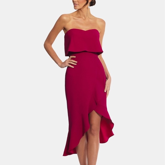 xscape strapless ruffle flounce dress
